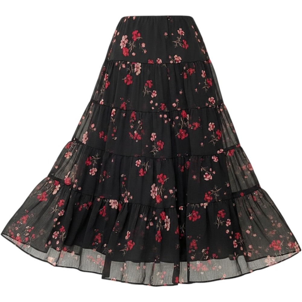Lauren Ralph Lauren Black Floral Tiered Chiffon Maxi Skirt Womens 1X Boho Flowy